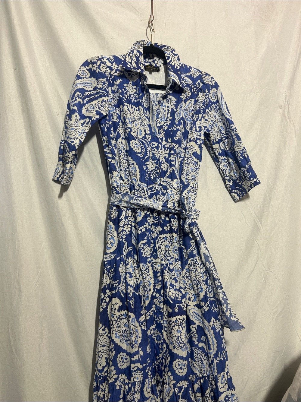 Luisa Spagnoli Blue and White Paisley Maxi Shirt Dress with Tie Waist
